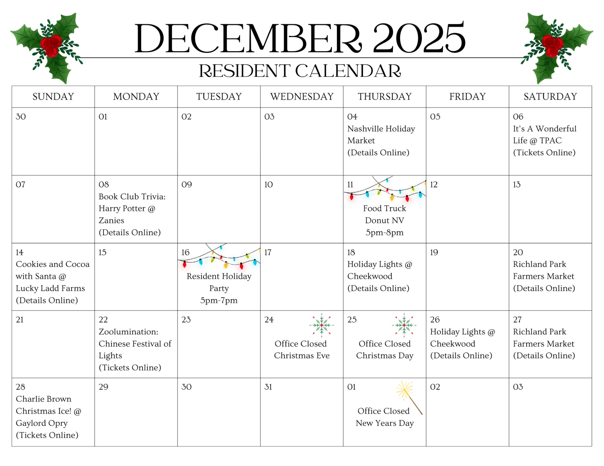 December Resident Calendar