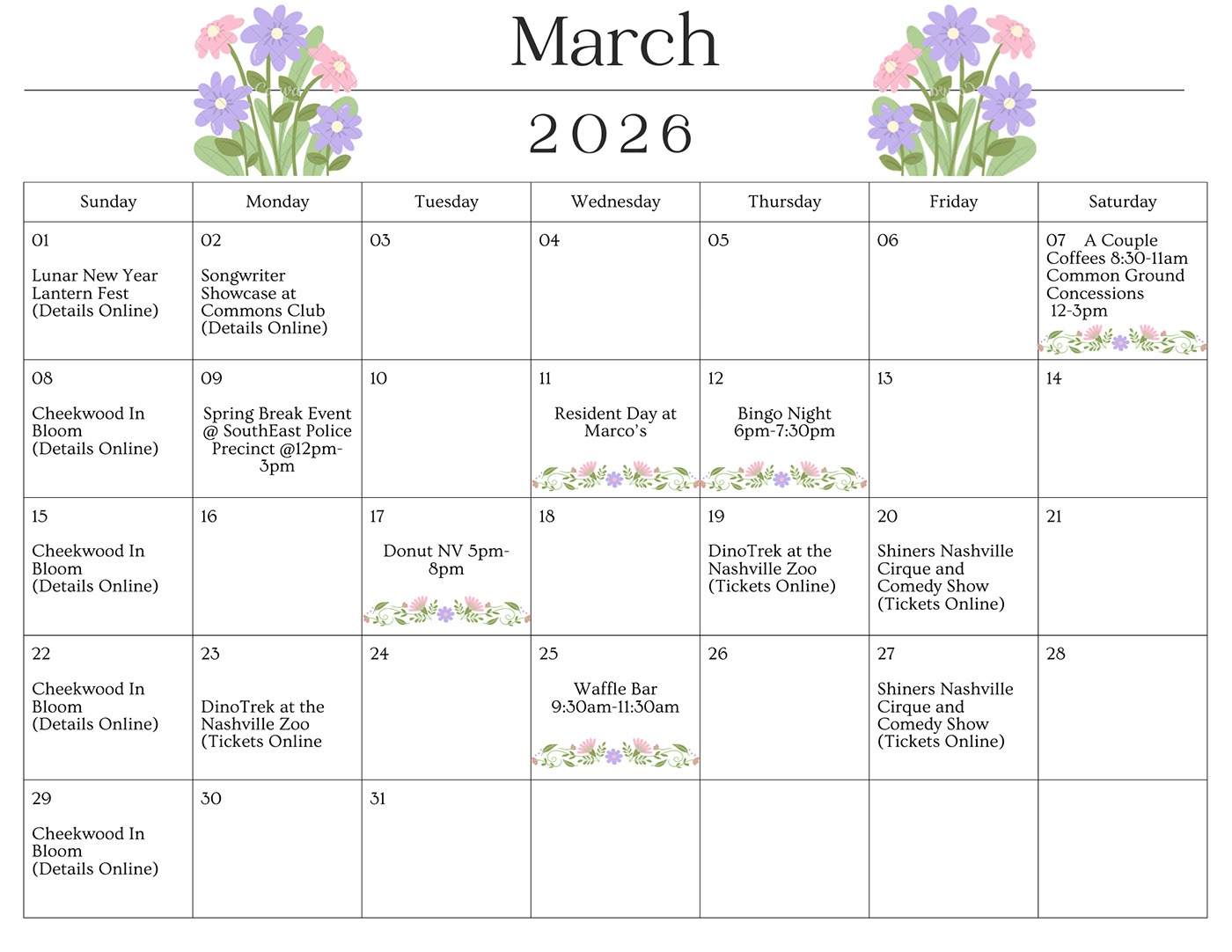 March Resident Calendar
