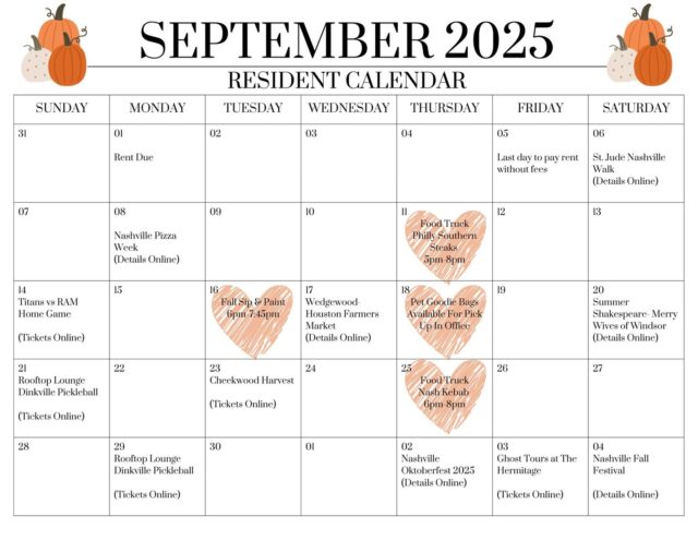 Do you want to stay up to date on what's going on here at Waterford Crossings? Take a look at the resident calendar. You can find physical copies of the calendar along with the resident newsletter at your mail center. We also send digital copies to your email at the beginning of the month.
#WaterfordCrossings #ArlingtonProperties #Fall