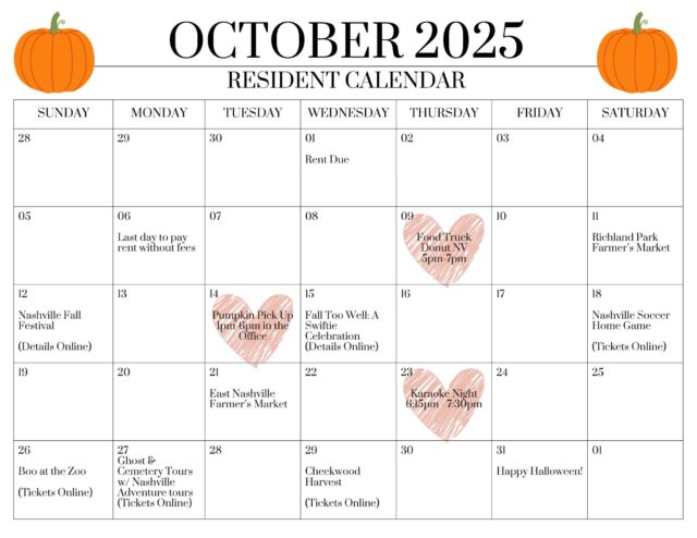 Do you want to stay up to date on what's going on here at Waterford Crossings? Take a look at the resident calendar. You can find physical copies of the calendar along with the resident newsletter at your mail center. We also send digital copies to your email at the beginning of the month.
#WaterfordCrossings #ArlingtonProperties #Fall