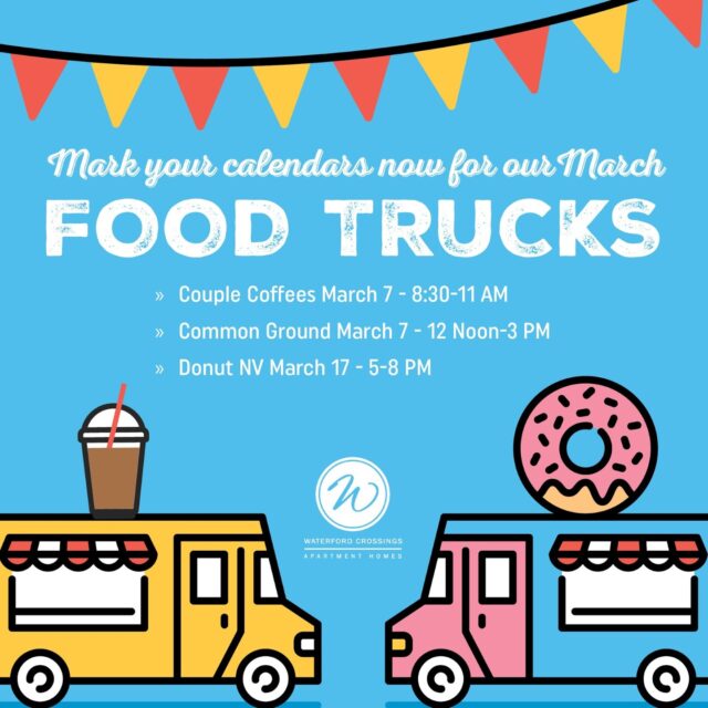 Check out our Food Truck schedule for March! And while you're at it, here's our resident calendar for even more onsite events...https://bit.ly/4rhgy65