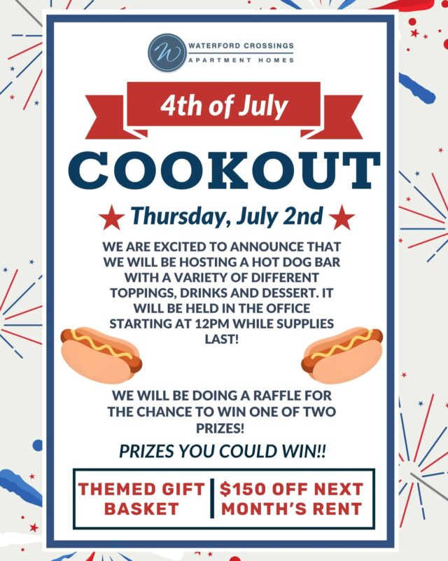 Who's excited for the hotdog bar!! 🌭🌭 July 2nd, we will be hosting a hotdog bar and a raffle!! Stop in on July 2nd for your chance to win $150 off your next months rent!