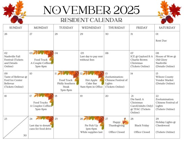 Your November local events calendar is here — so much to explore right outside your door! 🍂

#ApartmentLiving #CommunityFun