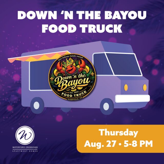 ⚜️ Laissez les bons temps rouler! ⚜️
Back by popular demand!

Join us on Thursday, August 28th, from 5-8 PM, when Down 'n the Bayou Food Truck rolls into Waterford Crossings, serving up authentic New Orleans cuisine packed with Cajun flavor and Southern hospitality.

From savory classics to Bayou-inspired favorites, it's the perfect opportunity to enjoy great food, meet your neighbors, and spice up your evening.

🌶️ August 28th
🦞 5-8 PM
📍 Waterford Crossings Apartments

Come hungry and leave happy!
#WaterfordCrossings #DownNTheBayou #FoodTruckNight #CajunCuisine #NewOrleansFlavor #ResidentEvents #AntiochTN