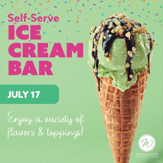 There's always room for ice cream!

Join your Waterford Crossings team for a Self-Serve Ice Cream Bar on Friday, July 17, beginning at 10:00 a.m. in the leasing office.

Create your own delicious masterpiece with a variety of ice cream flavors and all your favorite toppings—from sprinkles and chocolate syrup to crunchy treats and more!
Whether you keep it classic or pile it high, it's the perfect way to cool off, catch up with your neighbors, and enjoy a sweet start to your Friday.

📅 Friday, July 17
🕙 10:00 a.m.
📍 Waterford Crossings Leasing Office
We can't wait to scoop up some smiles with you! 🍦✨

#LifeAtWaterfordCrossings #ResidentEvents #IceCreamBar #AntiochTN #ApartmentLiving #SweetTreats #WaterfordCrossings