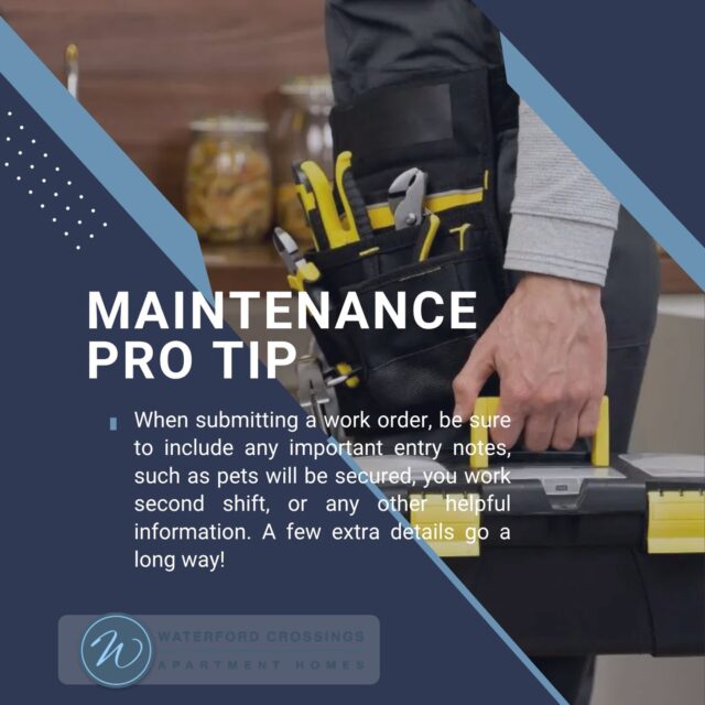 Help us help you faster!

When submitting a maintenance request, please include important entry notes that may affect our team's visit. Helpful details include:

🐾Pets will be secured
🌙Second-shift schedule or preferred entry times
🔑Special instructions for accessing your home
🚪Anything else our maintenance team should know in regards to the work order itself

The more information you provide, the smoother and quicker we can complete your work order. Thank you for helping us provide you with the best service possible!

#MaintenanceTipTuesday #WaterfordCrossings #ResidentTips #HomeCare #ArlingtonProperties