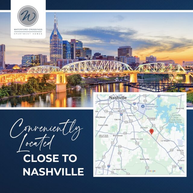 Close to the city. Connected to everything.

Waterford Crossings offers the convenience of an Antioch location with easy access to downtown Nashville, major employers, shopping, dining, entertainment and Nashville International Airport.

Enjoy the energy of Music City, then come home to the comfort of a welcoming apartment community.
📍 Minutes from Downtown Nashville
✈️ Convenient to BNA Airport
🛍️ Near Shopping, Dining & Entertainment

#WaterfordCrossings #AntiochTN #NashvilleApartments #MusicCityLiving #ApartmentLiving #NashvilleTN